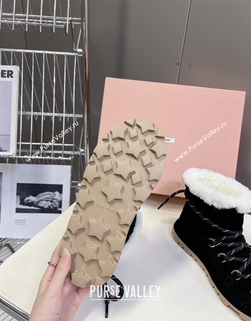 Miu Miu Suede and Wool Laced-up Flat Ankle Boots Black 2025 MM102407 (KL-251024146)