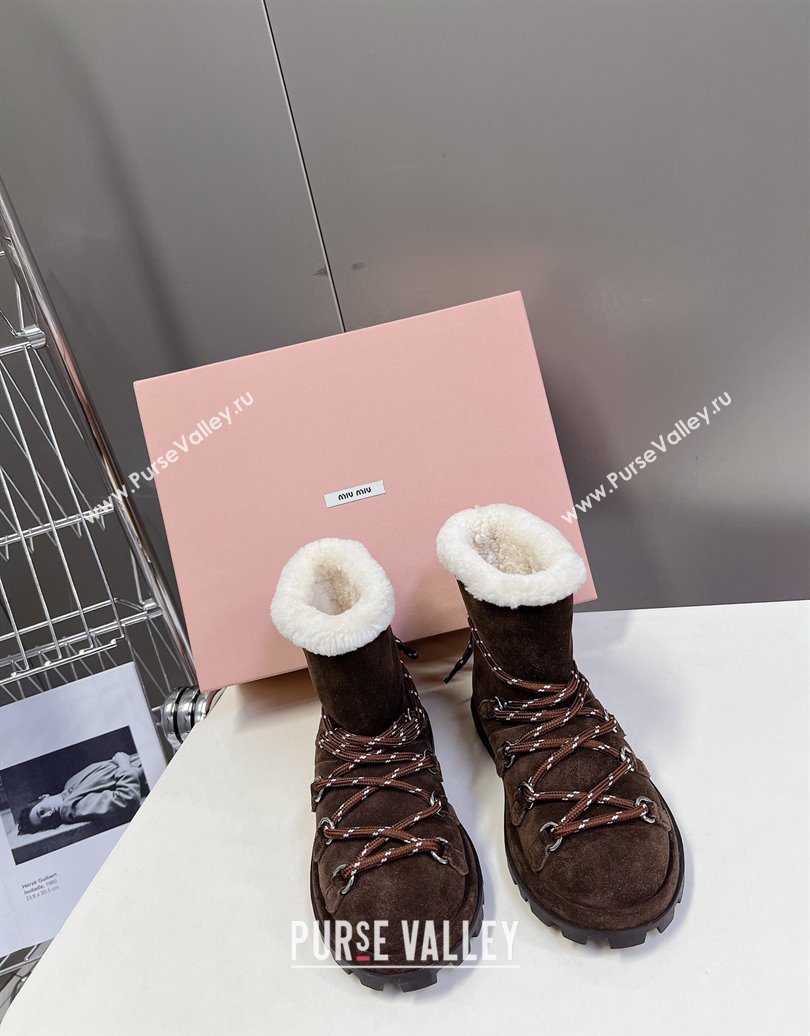 Miu Miu Suede and Wool Laced-up Flat Ankle Boots Dark Brown 2025 MM102407 (KL-251024147)