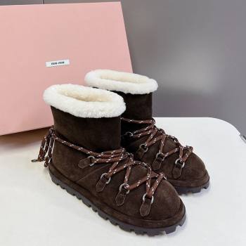 Miu Miu Suede and Wool Laced-up Flat Ankle Boots Dark Brown 2025 MM102407 (KL-251024147)