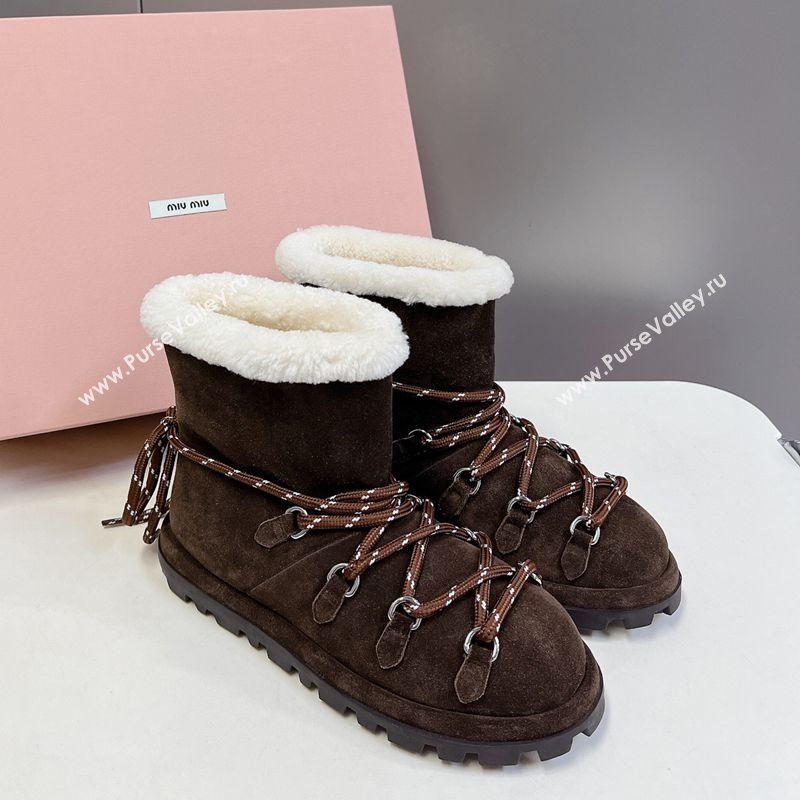 Miu Miu Suede and Wool Laced-up Flat Ankle Boots Dark Brown 2025 MM102407 (KL-251024147)