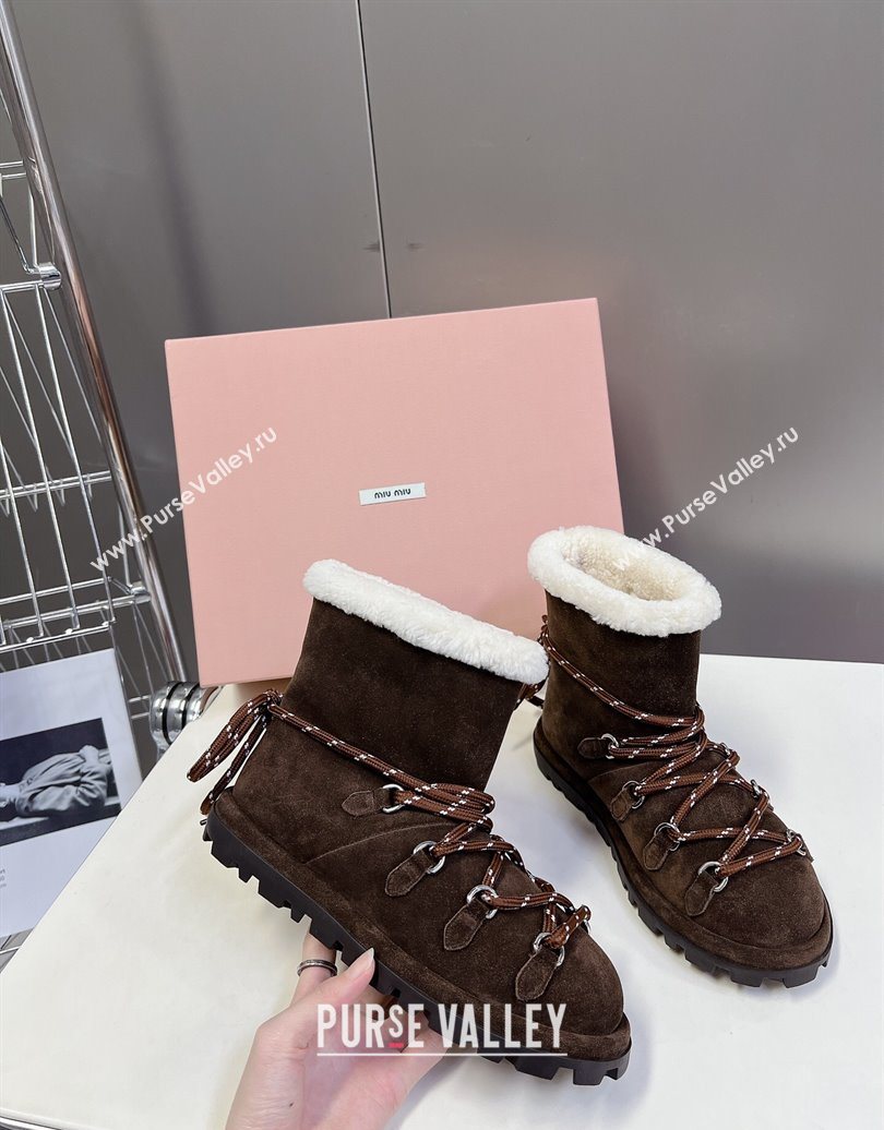 Miu Miu Suede and Wool Laced-up Flat Ankle Boots Dark Brown 2025 MM102407 (KL-251024147)