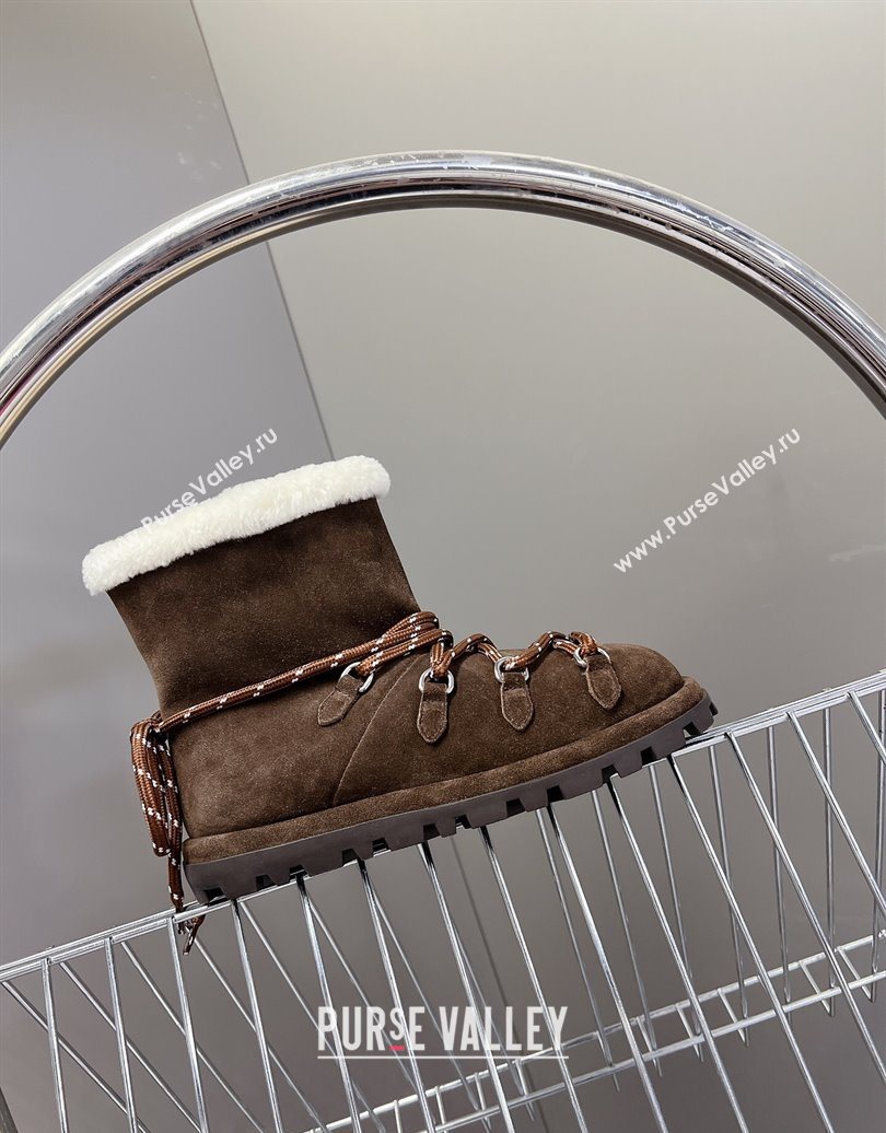 Miu Miu Suede and Wool Laced-up Flat Ankle Boots Dark Brown 2025 MM102407 (KL-251024147)