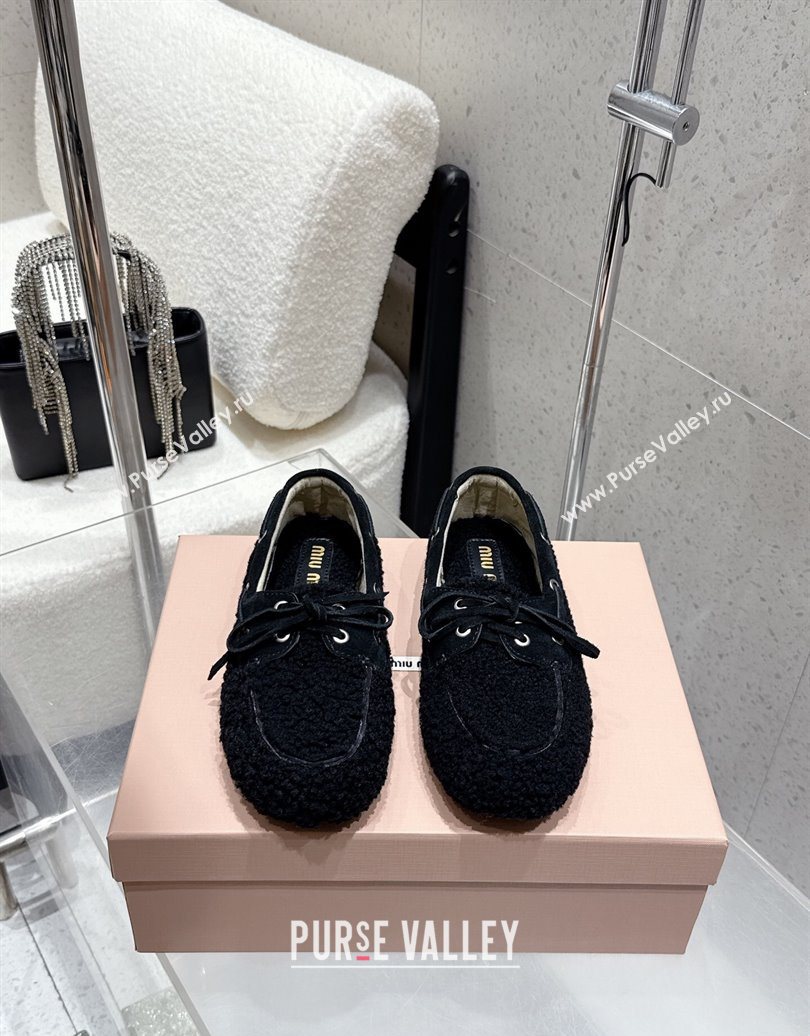 Miu Miu Shearling Laced-up Loafers with Bow Black 2025 5D525E (HQG-251025016)