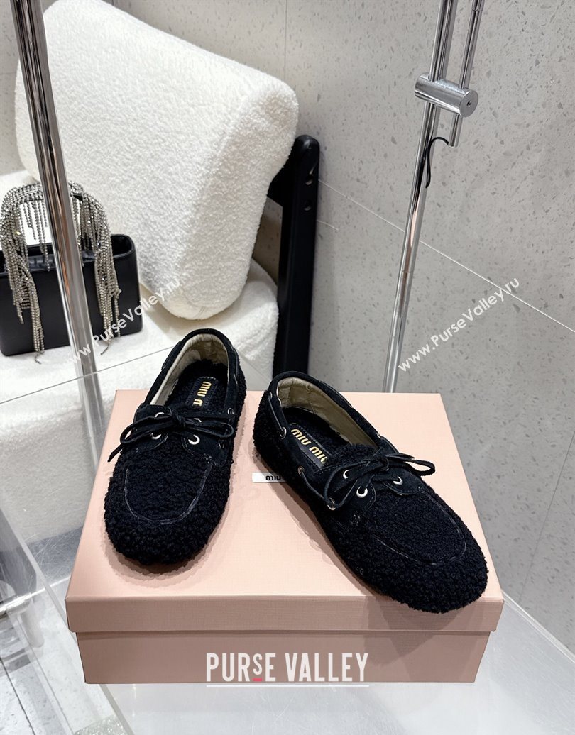 Miu Miu Shearling Laced-up Loafers with Bow Black 2025 5D525E (HQG-251025016)