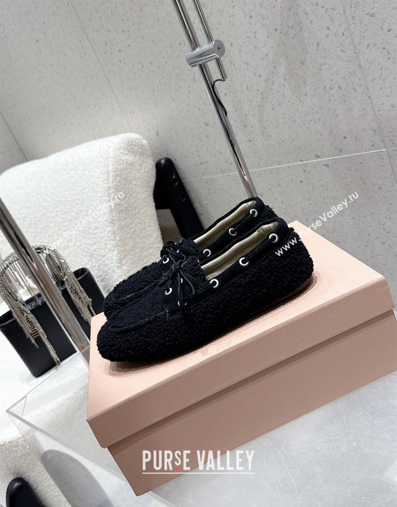 Miu Miu Shearling Laced-up Loafers with Bow Black 2025 5D525E (HQG-251025016)