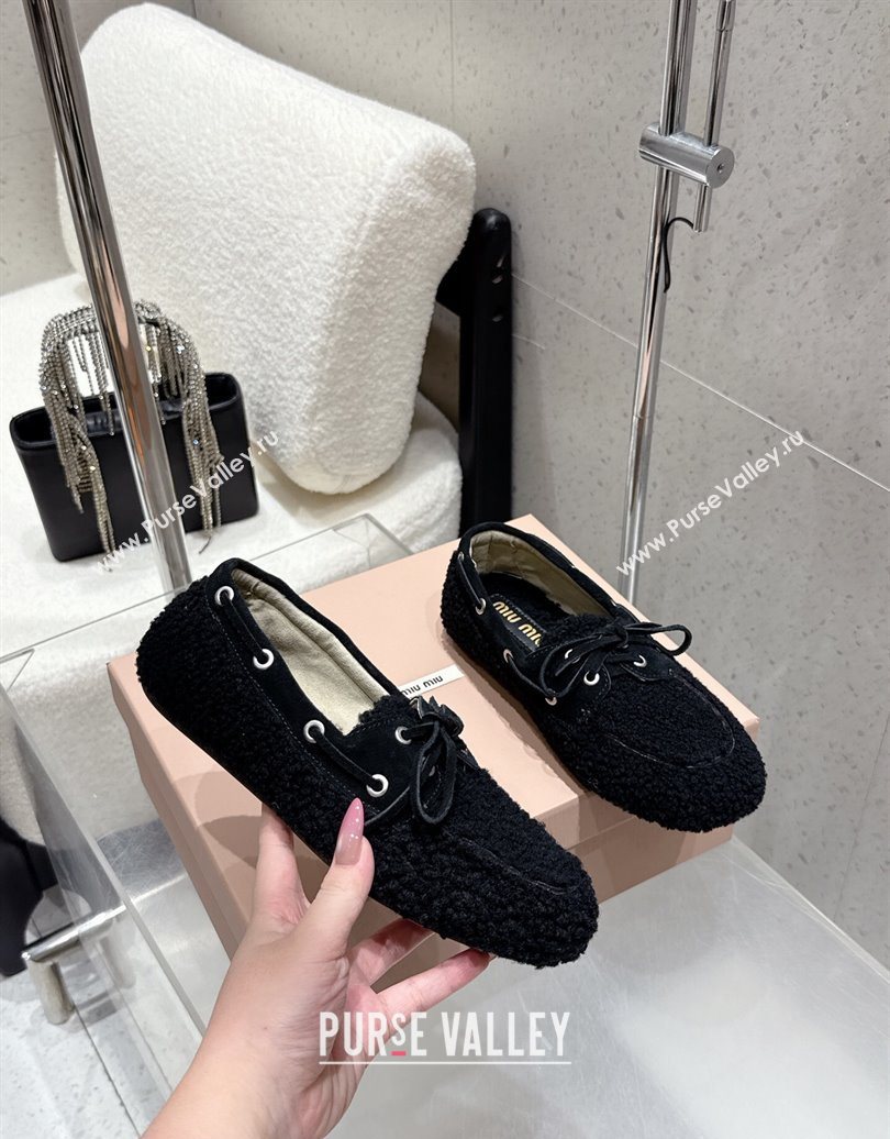 Miu Miu Shearling Laced-up Loafers with Bow Black 2025 5D525E (HQG-251025016)