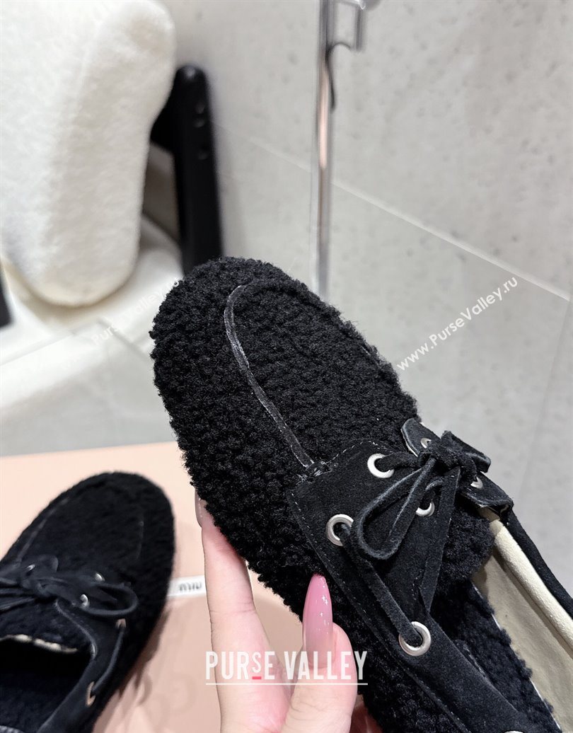 Miu Miu Shearling Laced-up Loafers with Bow Black 2025 5D525E (HQG-251025016)