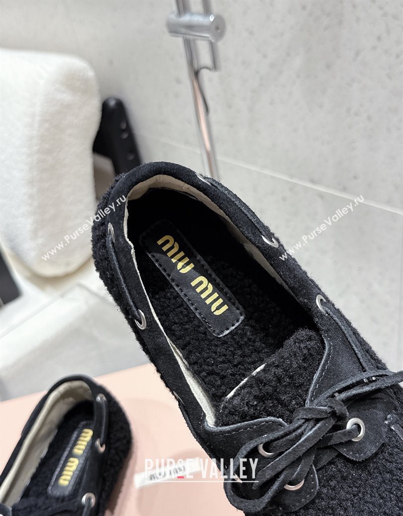 Miu Miu Shearling Laced-up Loafers with Bow Black 2025 5D525E (HQG-251025016)