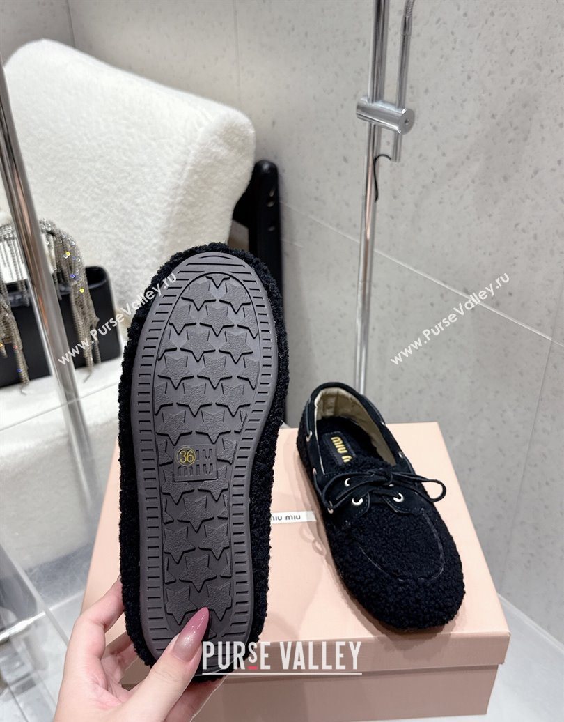 Miu Miu Shearling Laced-up Loafers with Bow Black 2025 5D525E (HQG-251025016)