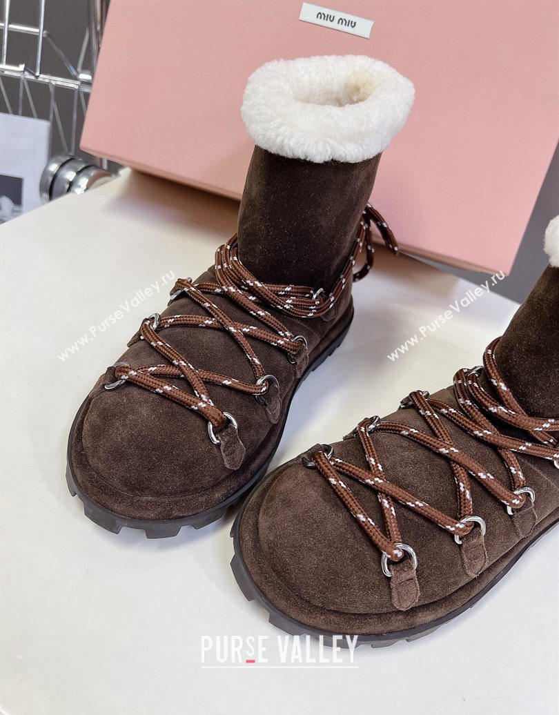 Miu Miu Suede and Wool Laced-up Flat Ankle Boots Dark Brown 2025 MM102407 (KL-251024147)