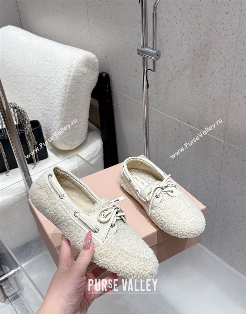 Miu Miu Shearling Laced-up Loafers with Bow White 2025 5D525E (HQG-251025017)