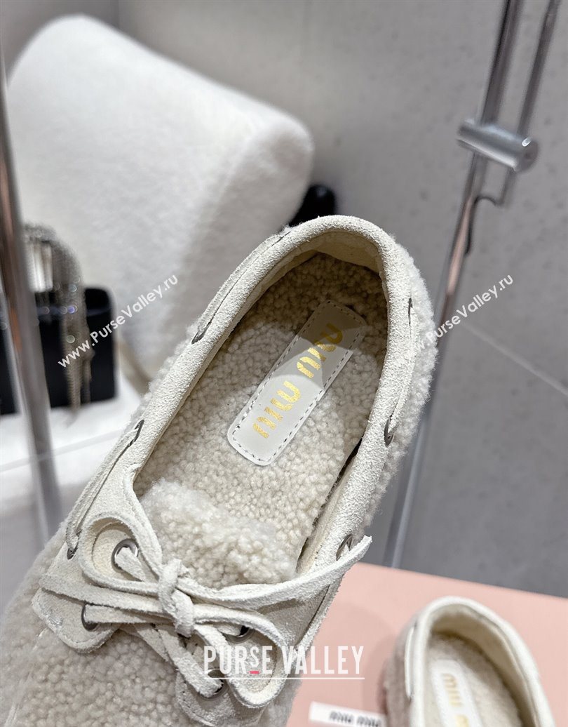 Miu Miu Shearling Laced-up Loafers with Bow White 2025 5D525E (HQG-251025017)