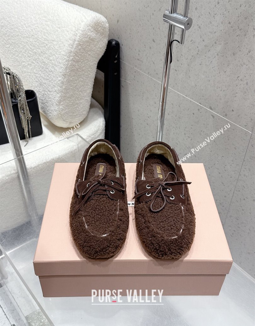 Miu Miu Shearling Laced-up Loafers with Bow Dark Brown 2025 5D525E (HQG-251025018)