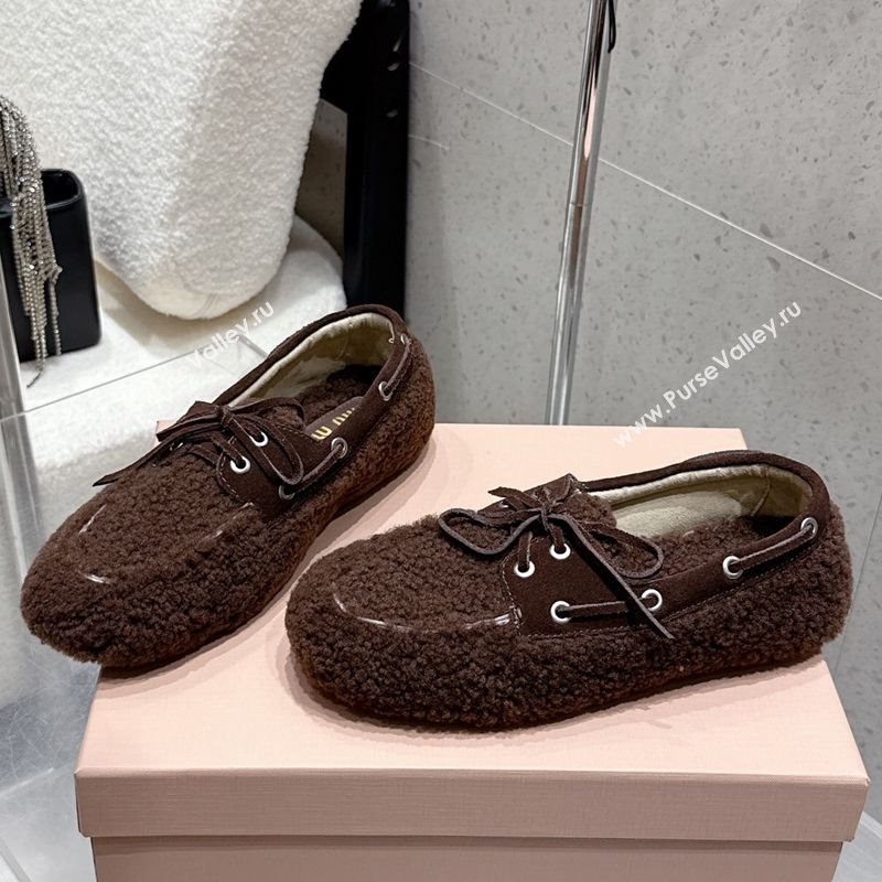 Miu Miu Shearling Laced-up Loafers with Bow Dark Brown 2025 5D525E (HQG-251025018)