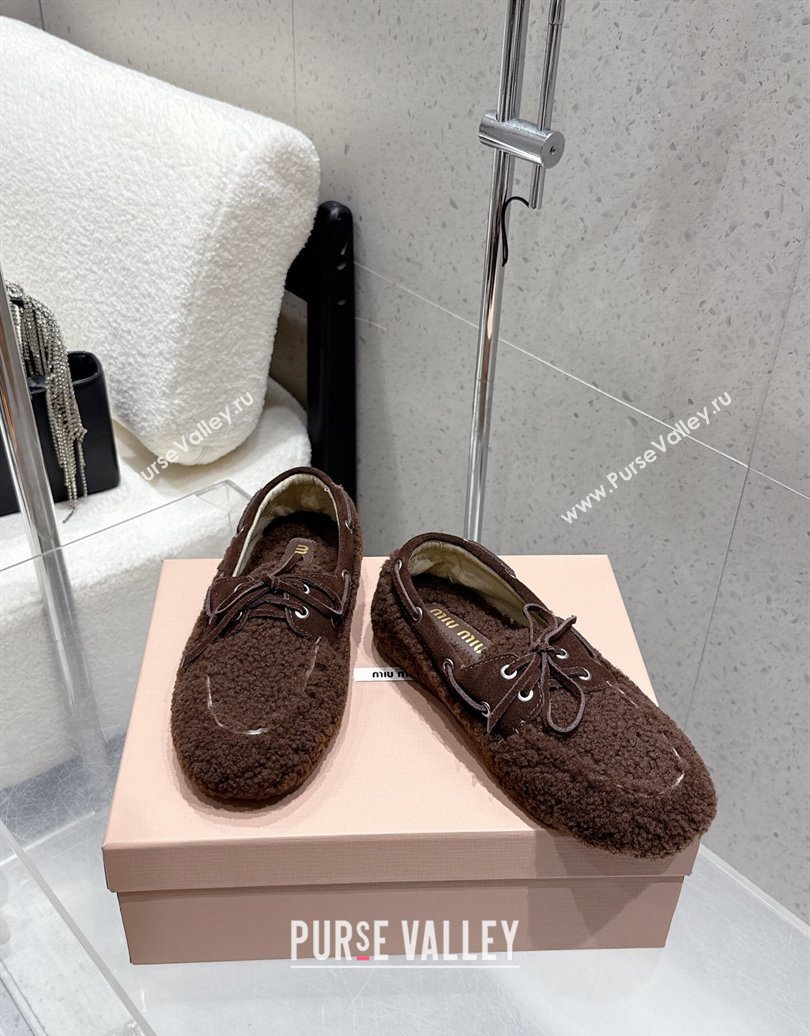 Miu Miu Shearling Laced-up Loafers with Bow Dark Brown 2025 5D525E (HQG-251025018)