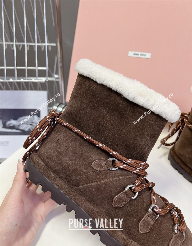 Miu Miu Suede and Wool Laced-up Flat Ankle Boots Dark Brown 2025 MM102407 (KL-251024147)