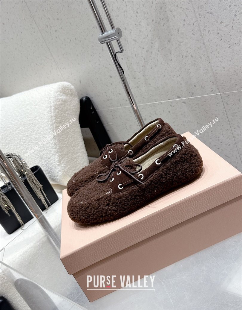 Miu Miu Shearling Laced-up Loafers with Bow Dark Brown 2025 5D525E (HQG-251025018)