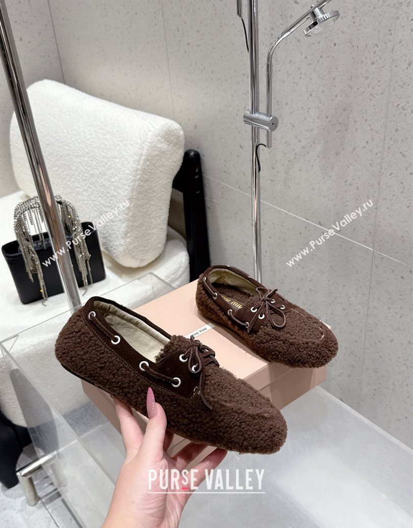 Miu Miu Shearling Laced-up Loafers with Bow Dark Brown 2025 5D525E (HQG-251025018)