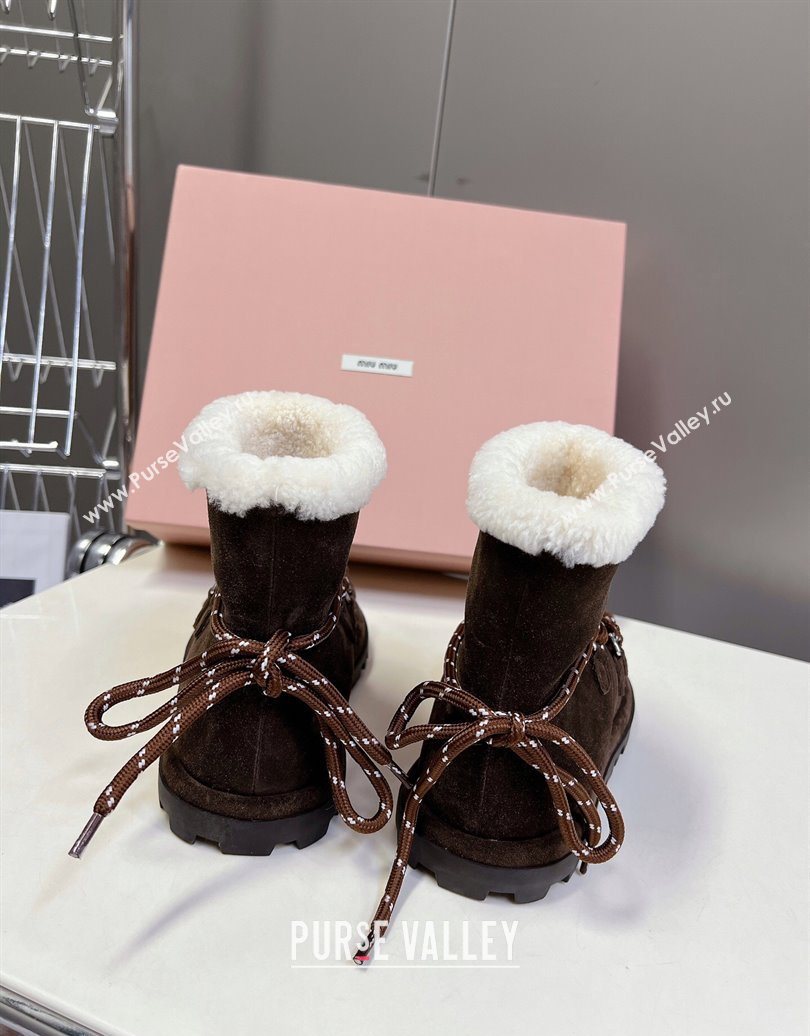 Miu Miu Suede and Wool Laced-up Flat Ankle Boots Dark Brown 2025 MM102407 (KL-251024147)