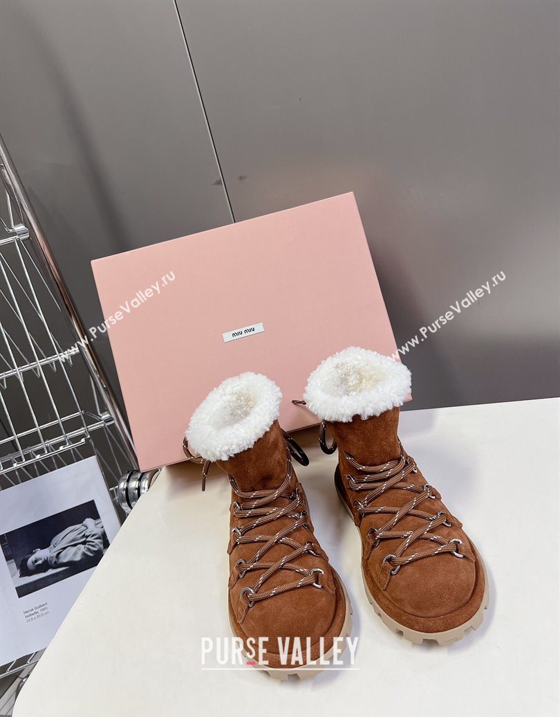 Miu Miu Suede and Wool Laced-up Flat Ankle Boots Brown2 2025 MM102407 (KL-251024148)