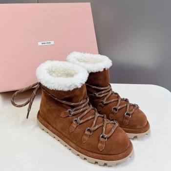 Miu Miu Suede and Wool Laced-up Flat Ankle Boots Brown2 2025 MM102407 (KL-251024148)