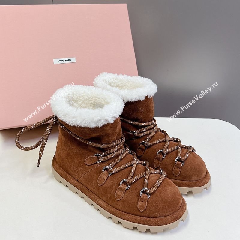 Miu Miu Suede and Wool Laced-up Flat Ankle Boots Brown2 2025 MM102407 (KL-251024148)