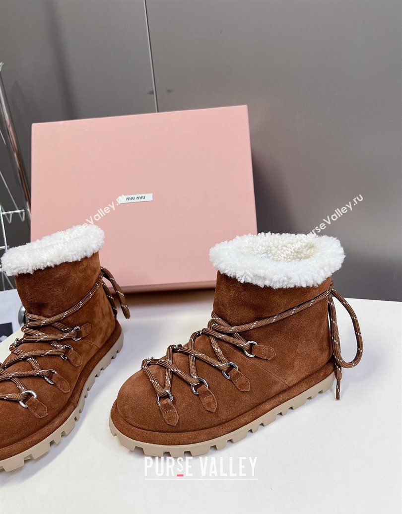 Miu Miu Suede and Wool Laced-up Flat Ankle Boots Brown2 2025 MM102407 (KL-251024148)