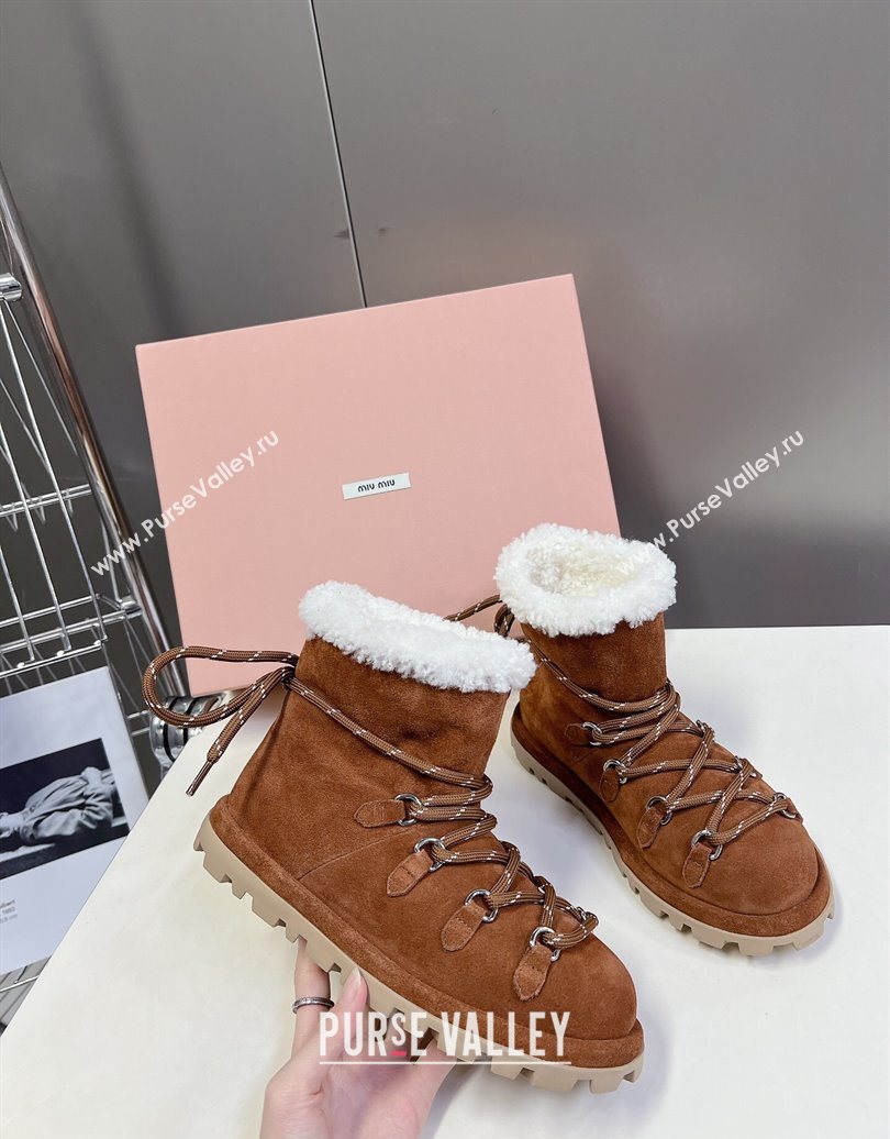 Miu Miu Suede and Wool Laced-up Flat Ankle Boots Brown2 2025 MM102407 (KL-251024148)
