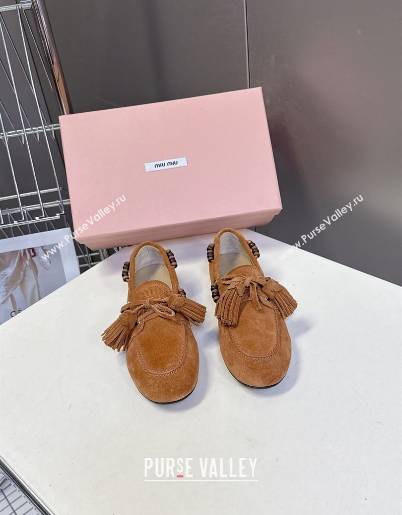 Miu Miu Tassel and Beads Loafers in Suede Leather Brown2 2025 5D518E (MD-251025008)