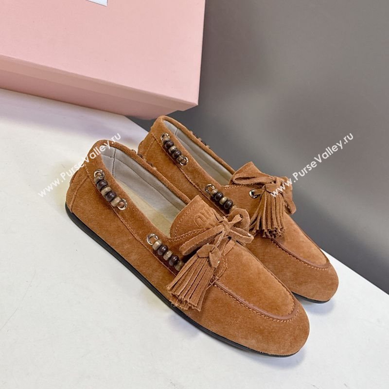 Miu Miu Tassel and Beads Loafers in Suede Leather Brown2 2025 5D518E (MD-251025008)