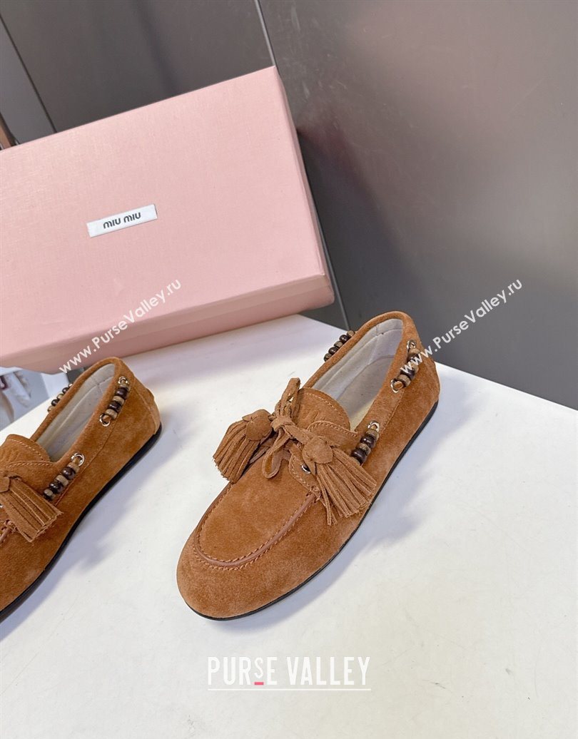 Miu Miu Tassel and Beads Loafers in Suede Leather Brown2 2025 5D518E (MD-251025008)