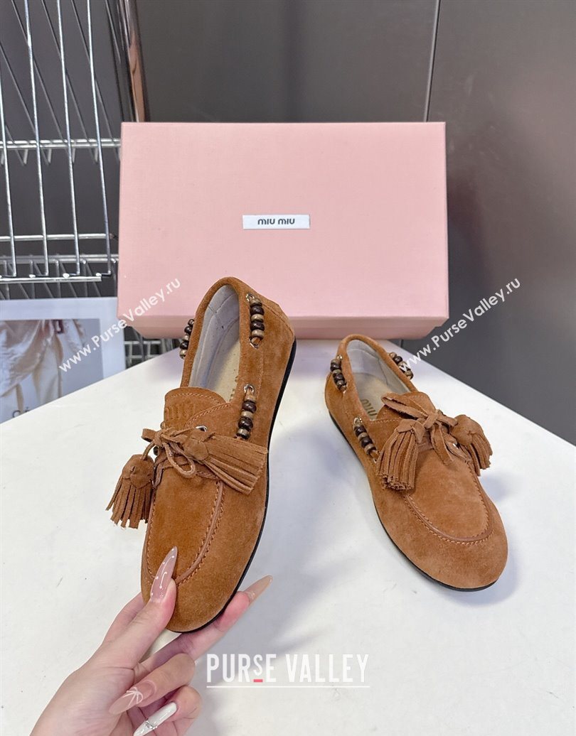 Miu Miu Tassel and Beads Loafers in Suede Leather Brown2 2025 5D518E (MD-251025008)