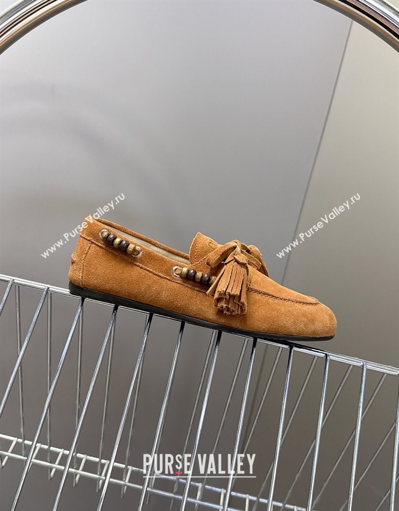 Miu Miu Tassel and Beads Loafers in Suede Leather Brown2 2025 5D518E (MD-251025008)