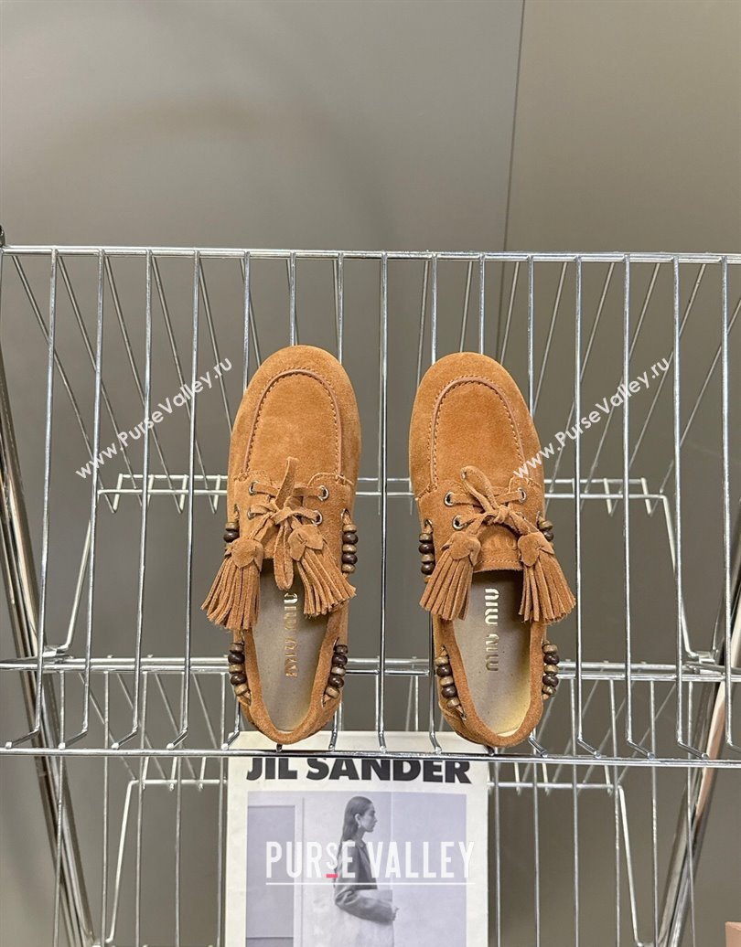 Miu Miu Tassel and Beads Loafers in Suede Leather Brown2 2025 5D518E (MD-251025008)