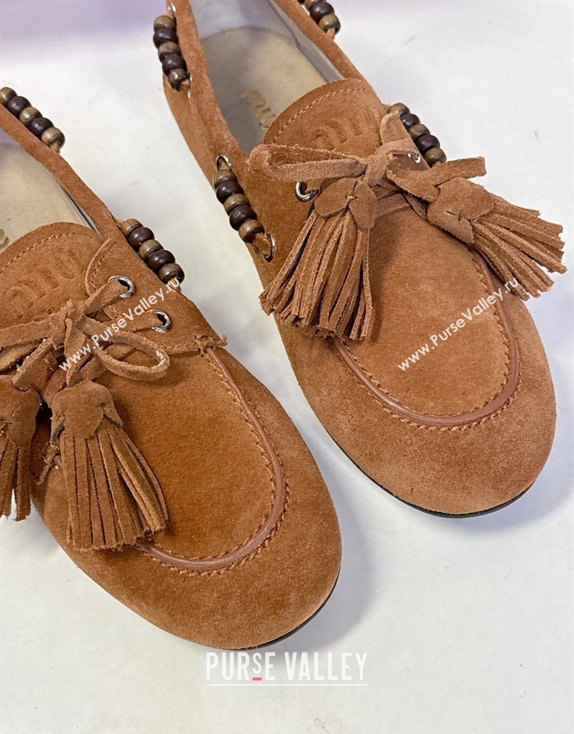 Miu Miu Tassel and Beads Loafers in Suede Leather Brown2 2025 5D518E (MD-251025008)