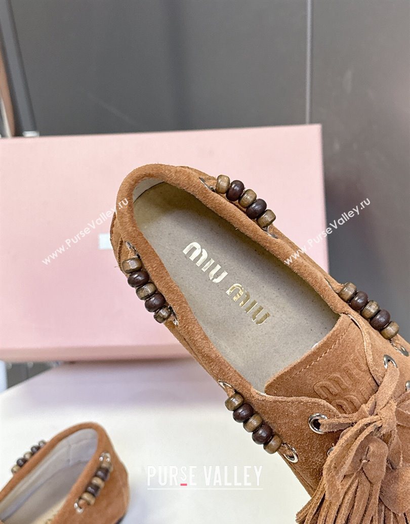 Miu Miu Tassel and Beads Loafers in Suede Leather Brown2 2025 5D518E (MD-251025008)