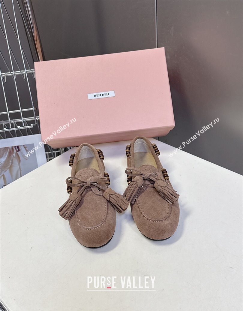 Miu Miu Tassel and Beads Loafers in Suede Leather Beige 2025 5D518E (MD-251025009)