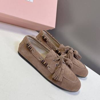 Miu Miu Tassel and Beads Loafers in Suede Leather Beige 2025 5D518E (MD-251025009)