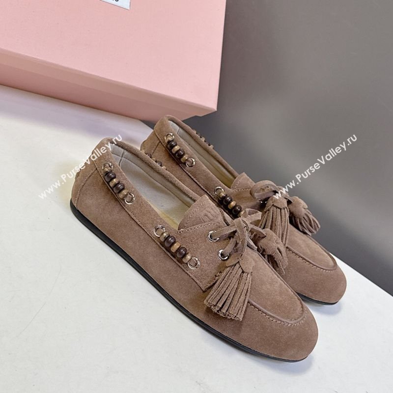 Miu Miu Tassel and Beads Loafers in Suede Leather Beige 2025 5D518E (MD-251025009)
