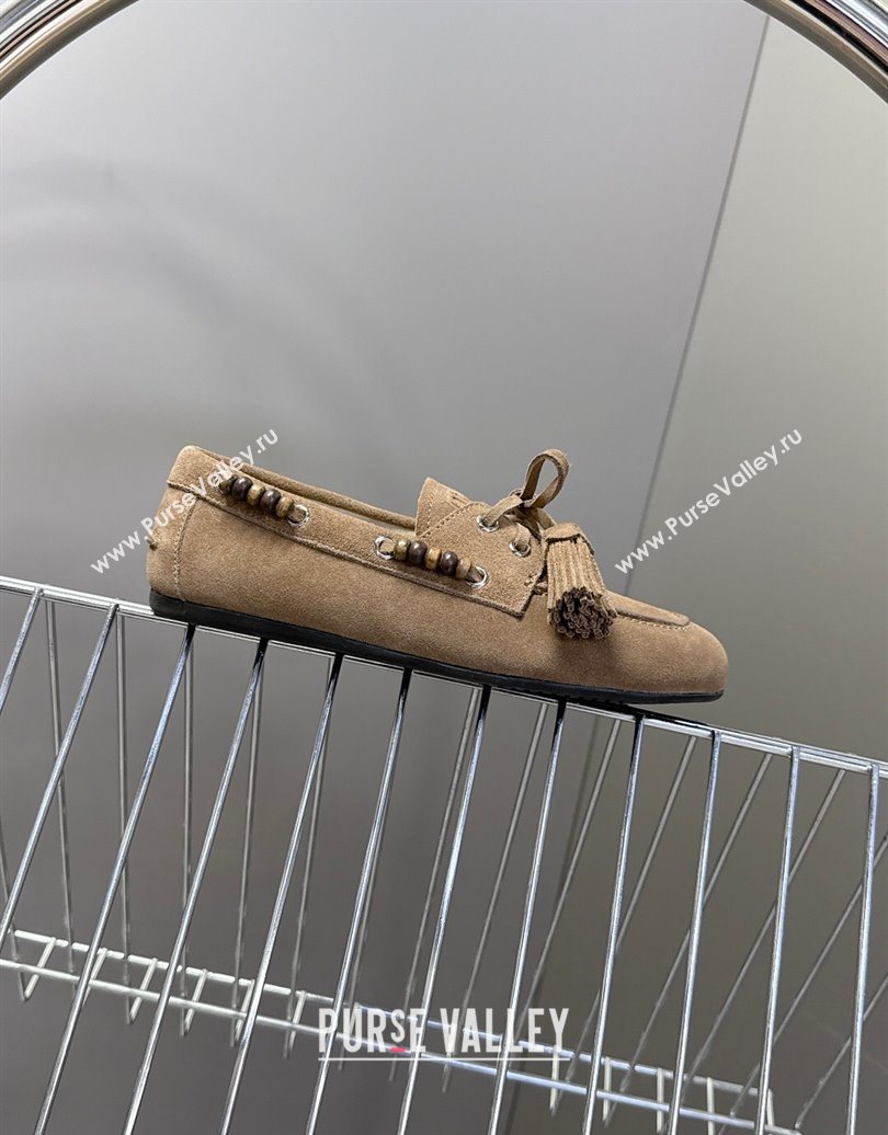 Miu Miu Tassel and Beads Loafers in Suede Leather Beige 2025 5D518E (MD-251025009)