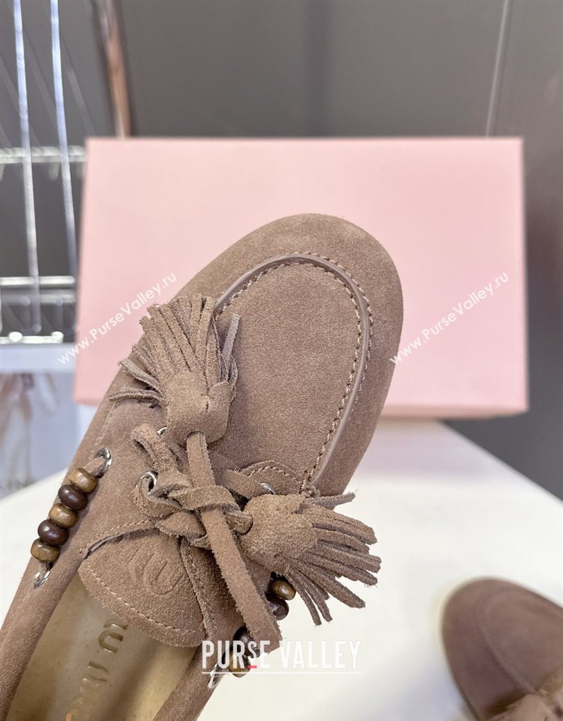 Miu Miu Tassel and Beads Loafers in Suede Leather Beige 2025 5D518E (MD-251025009)