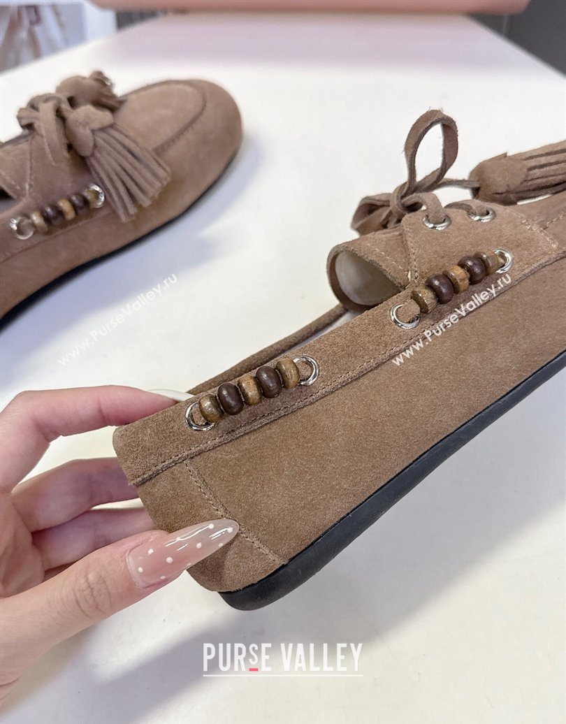 Miu Miu Tassel and Beads Loafers in Suede Leather Beige 2025 5D518E (MD-251025009)