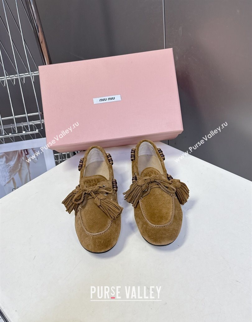 Miu Miu Tassel and Beads Loafers in Suede Leather Olive Green 2025 5D518E (MD-251025010)