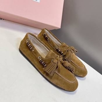 Miu Miu Tassel and Beads Loafers in Suede Leather Olive Green 2025 5D518E (MD-251025010)