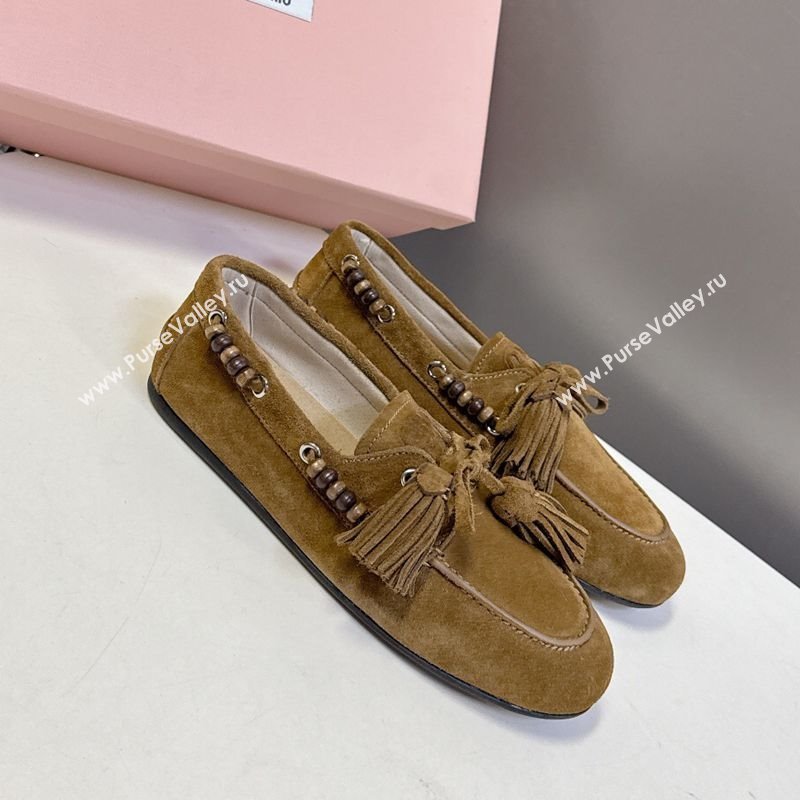 Miu Miu Tassel and Beads Loafers in Suede Leather Olive Green 2025 5D518E (MD-251025010)