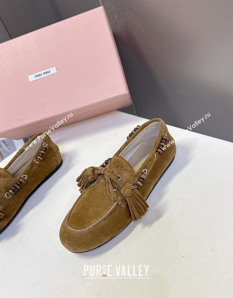 Miu Miu Tassel and Beads Loafers in Suede Leather Olive Green 2025 5D518E (MD-251025010)