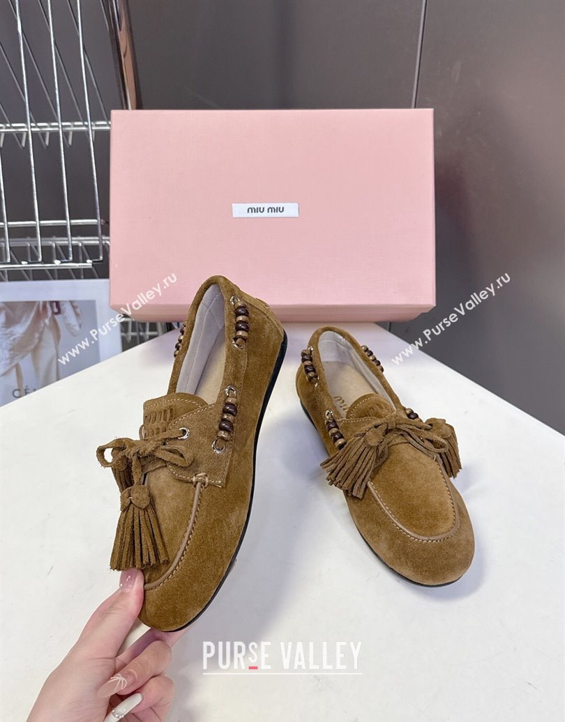 Miu Miu Tassel and Beads Loafers in Suede Leather Olive Green 2025 5D518E (MD-251025010)