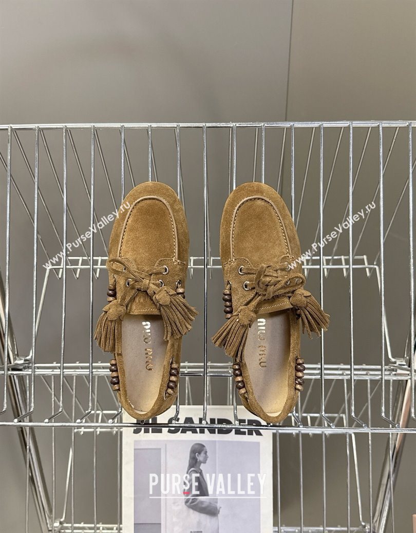 Miu Miu Tassel and Beads Loafers in Suede Leather Olive Green 2025 5D518E (MD-251025010)