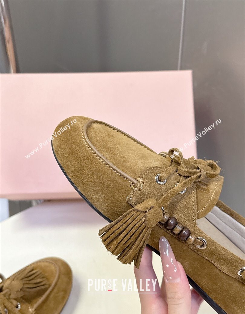 Miu Miu Tassel and Beads Loafers in Suede Leather Olive Green 2025 5D518E (MD-251025010)