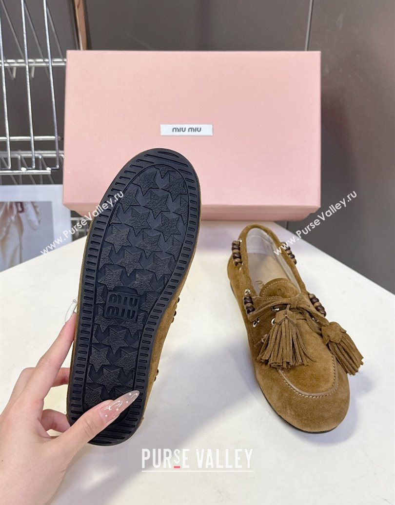 Miu Miu Tassel and Beads Loafers in Suede Leather Olive Green 2025 5D518E (MD-251025010)